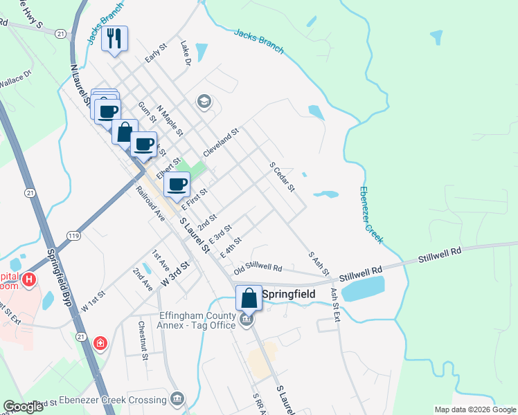 map of restaurants, bars, coffee shops, grocery stores, and more near 405 East 3rd Street in Springfield