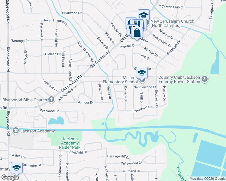 map of restaurants, bars, coffee shops, grocery stores, and more near 143 Yucca Drive in Jackson