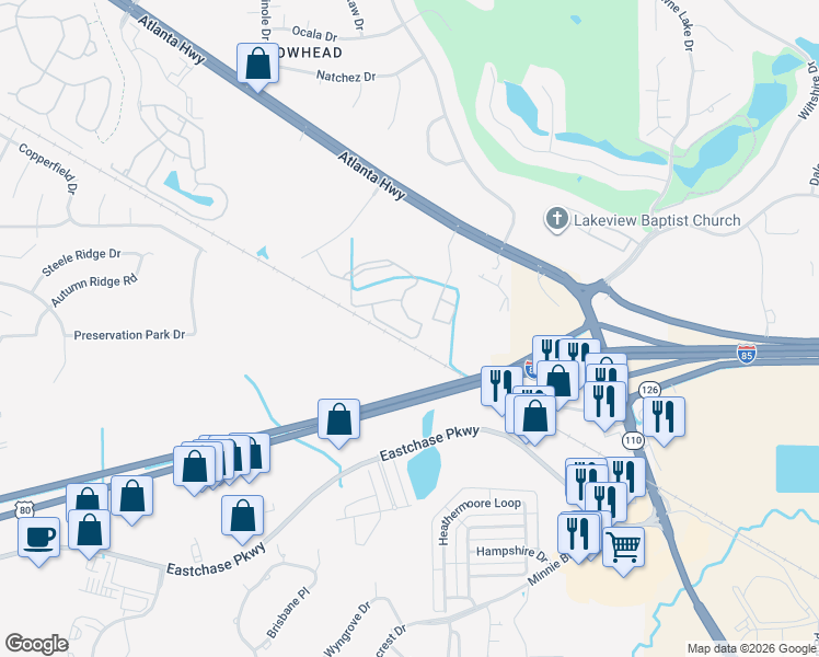 map of restaurants, bars, coffee shops, grocery stores, and more near 9035 Sentinel Circle in Montgomery