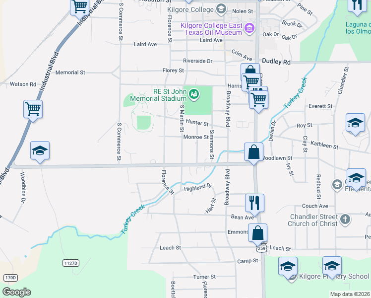 map of restaurants, bars, coffee shops, grocery stores, and more near 615 West Woodlawn Street in Kilgore