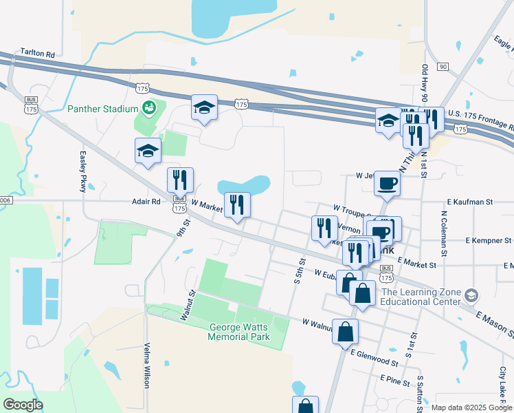 map of restaurants, bars, coffee shops, grocery stores, and more near 416 West Market Street in Mabank