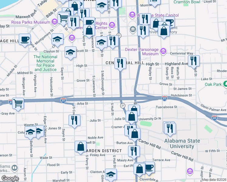 map of restaurants, bars, coffee shops, grocery stores, and more near 659 South Hull Street in Montgomery