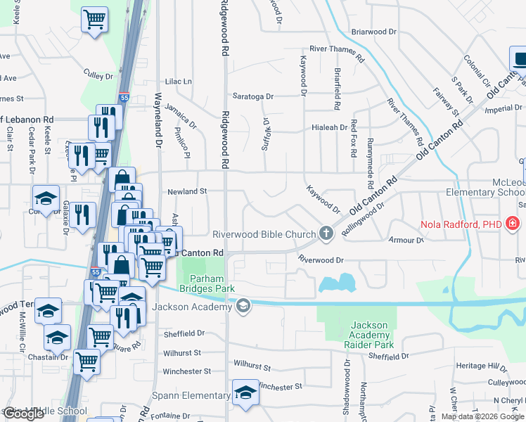 map of restaurants, bars, coffee shops, grocery stores, and more near 912 Newland Street in Jackson