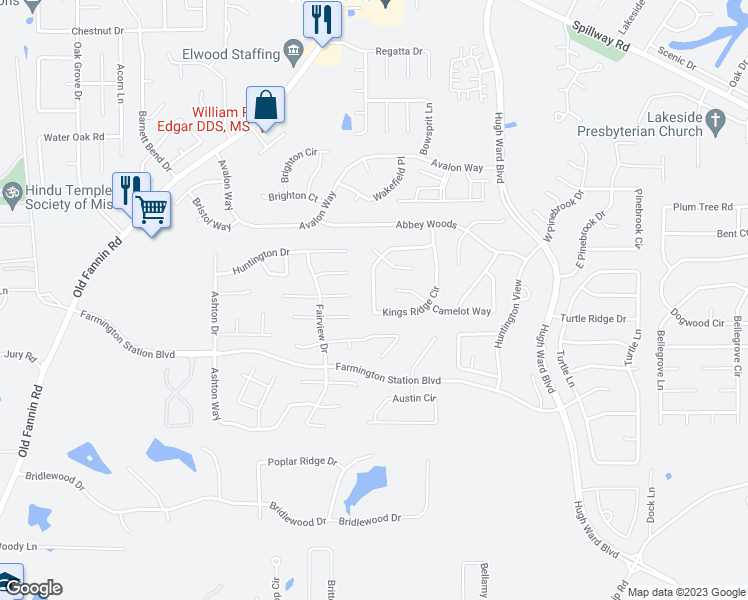 map of restaurants, bars, coffee shops, grocery stores, and more near 363 Kings Ridge Circle in Brandon