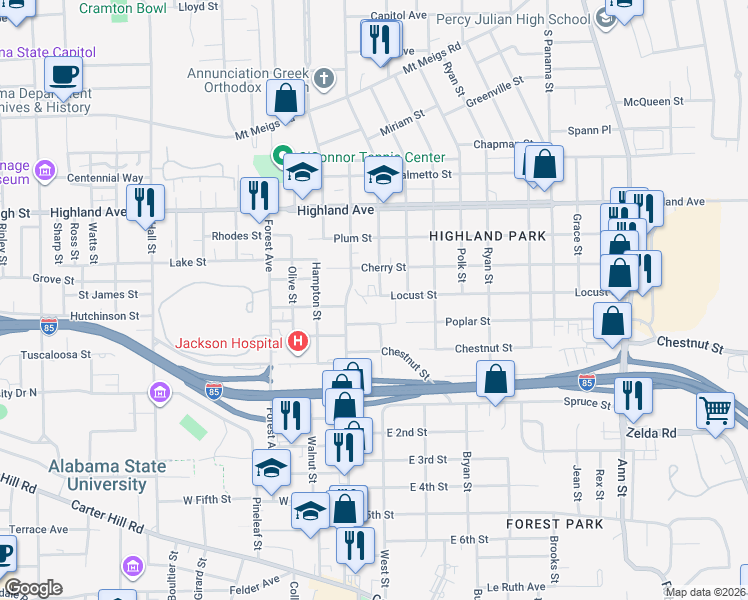 map of restaurants, bars, coffee shops, grocery stores, and more near 1910 Locust Street in Montgomery