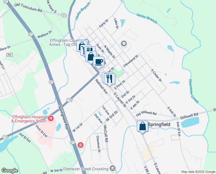map of restaurants, bars, coffee shops, grocery stores, and more near 116 North Laurel Street in Springfield
