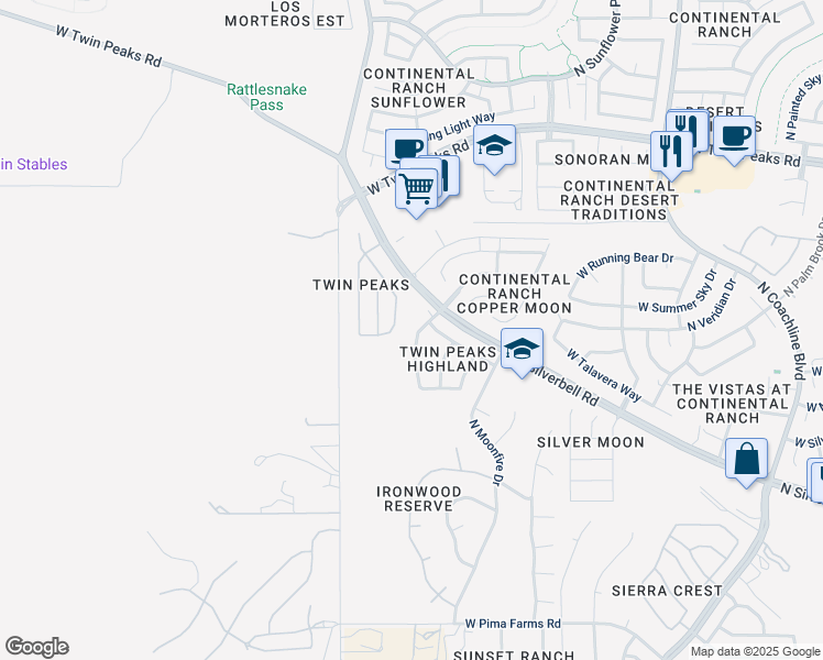 map of restaurants, bars, coffee shops, grocery stores, and more near 8933 North Misty Brook Drive in Tucson
