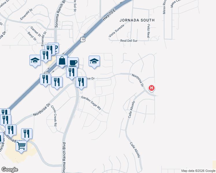 map of restaurants, bars, coffee shops, grocery stores, and more near 4260 Northrise Drive in Las Cruces