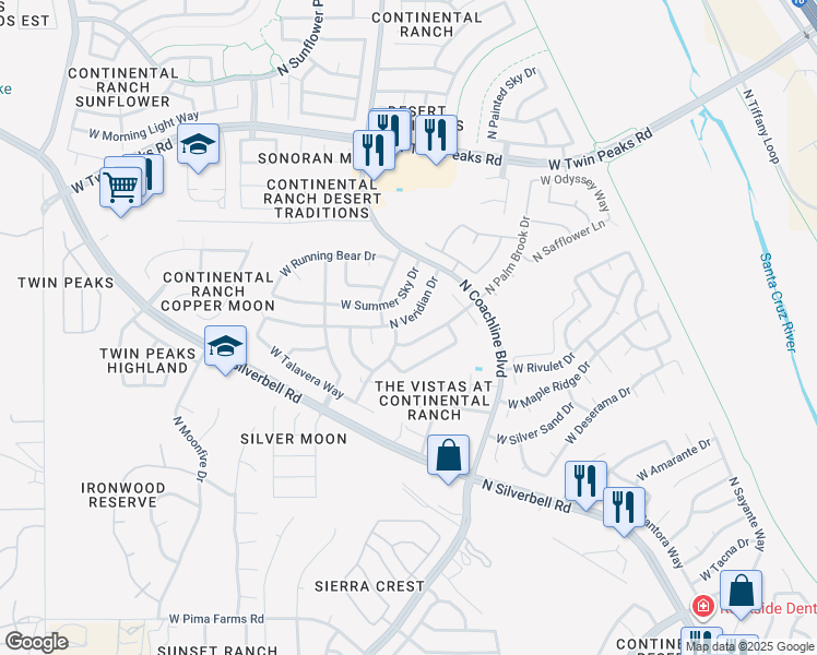 map of restaurants, bars, coffee shops, grocery stores, and more near 8901 North Palm Brook Drive in Tucson