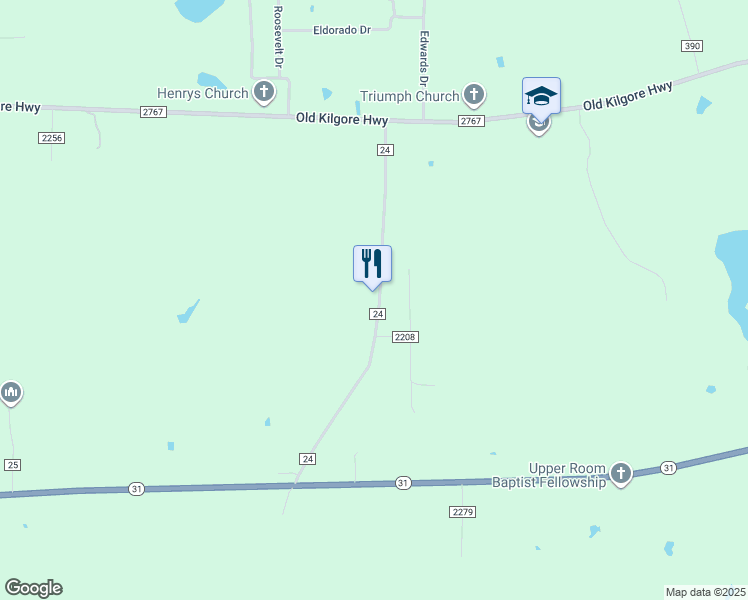 map of restaurants, bars, coffee shops, grocery stores, and more near 1437 County Road 24 in Tyler