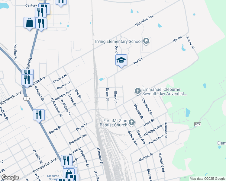 map of restaurants, bars, coffee shops, grocery stores, and more near 306 Elmo Street in Cleburne
