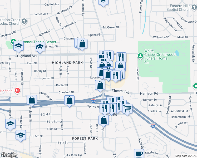 map of restaurants, bars, coffee shops, grocery stores, and more near 2800 Locust Street in Montgomery