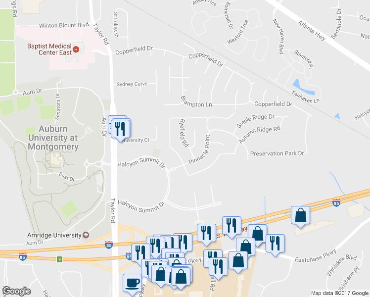 map of restaurants, bars, coffee shops, grocery stores, and more near 818 Ryefield Road in Montgomery