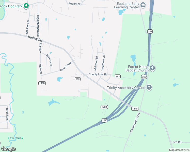 map of restaurants, bars, coffee shops, grocery stores, and more near 3409 Dudley Road in Kilgore