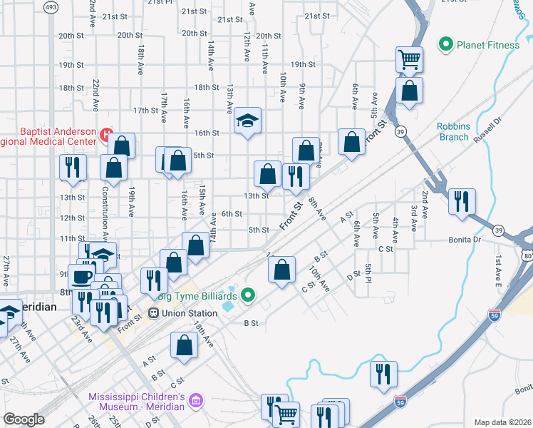 map of restaurants, bars, coffee shops, grocery stores, and more near 501 10th Avenue in Meridian