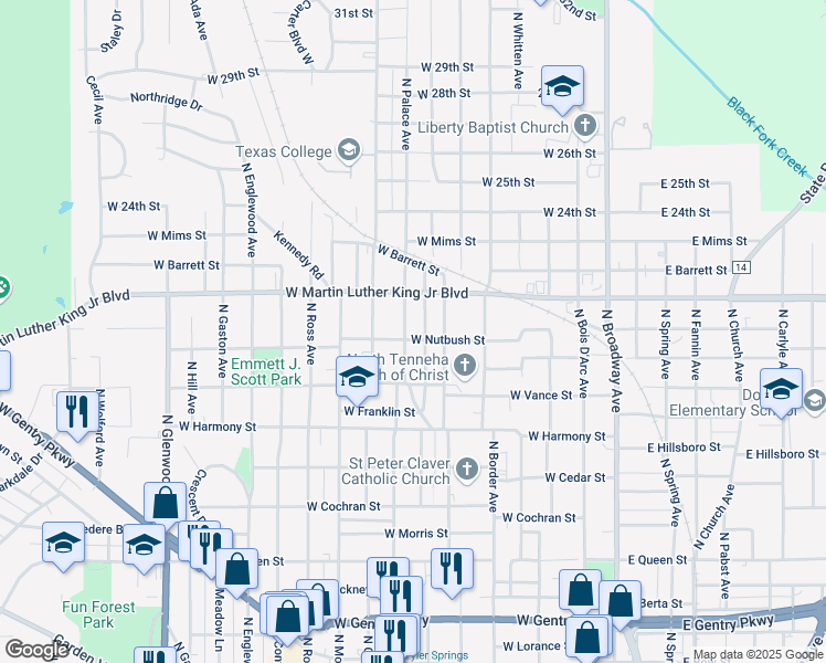map of restaurants, bars, coffee shops, grocery stores, and more near 1724 N Palace Ave in Tyler