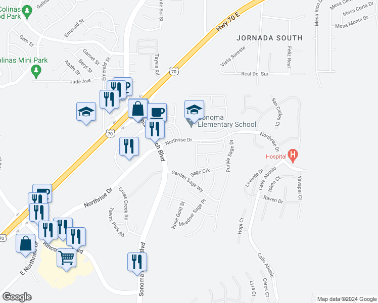 map of restaurants, bars, coffee shops, grocery stores, and more near 4200 Northrise Drive in Las Cruces