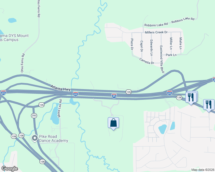 map of restaurants, bars, coffee shops, grocery stores, and more near 12015-12051 Atlanta Highway in Montgomery