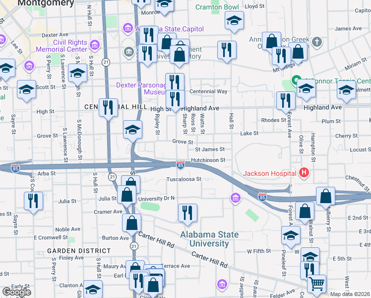 map of restaurants, bars, coffee shops, grocery stores, and more near 1011 Hutchinson Street in Montgomery