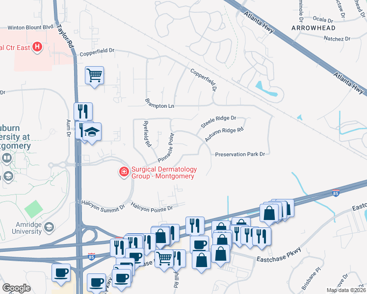 map of restaurants, bars, coffee shops, grocery stores, and more near 1142 Autumn Ridge Road in Montgomery