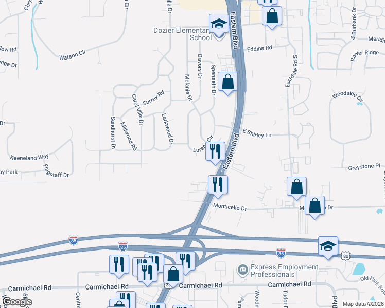 map of restaurants, bars, coffee shops, grocery stores, and more near 699 Nevem Drive in Montgomery