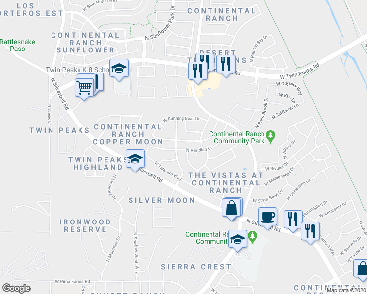 map of restaurants, bars, coffee shops, grocery stores, and more near 8915 North Veridian Drive in Tucson