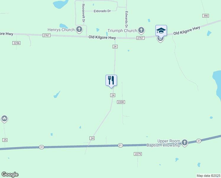 map of restaurants, bars, coffee shops, grocery stores, and more near 1437 County Road 24 in Tyler