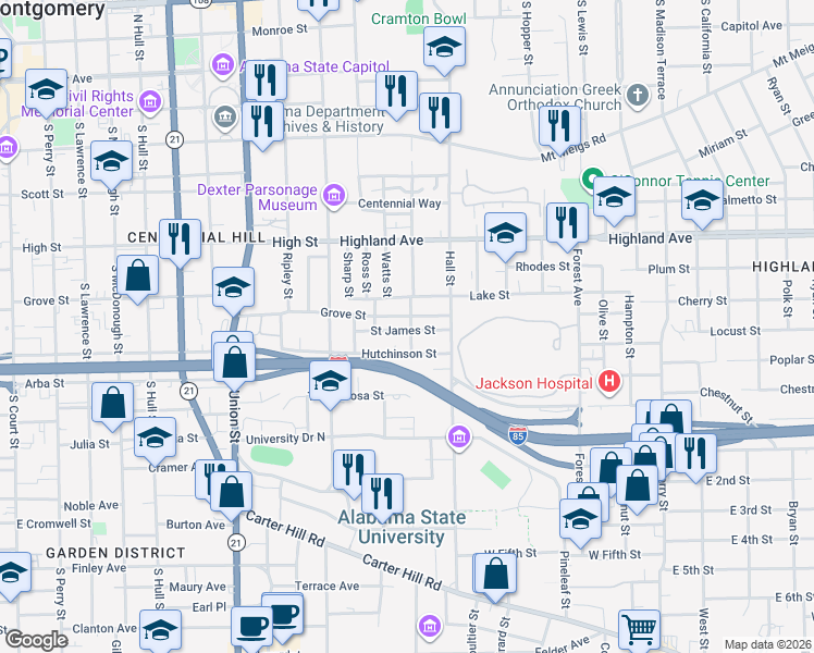 map of restaurants, bars, coffee shops, grocery stores, and more near 1135 Hutchinson Street in Montgomery