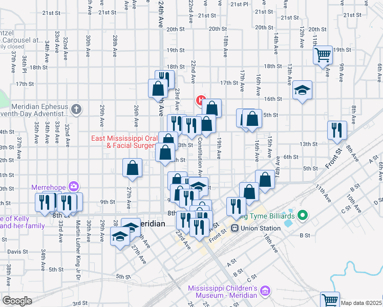 map of restaurants, bars, coffee shops, grocery stores, and more near 1208 22nd Avenue in Meridian