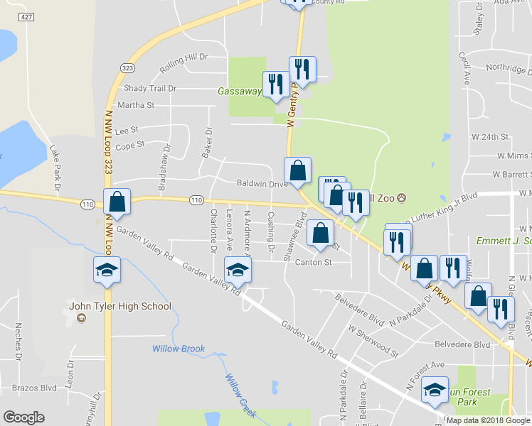 map of restaurants, bars, coffee shops, grocery stores, and more near 2804 Highway 110 in Tyler