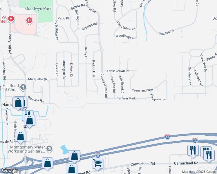 map of restaurants, bars, coffee shops, grocery stores, and more near 607 County Downs Road in Montgomery
