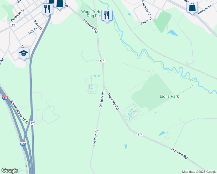 map of restaurants, bars, coffee shops, grocery stores, and more near 1905 Howard Road in Waxahachie