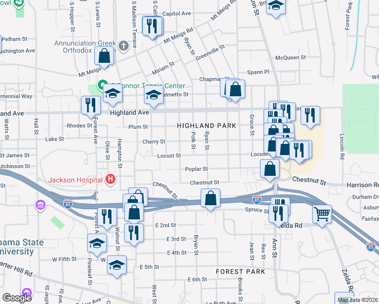 map of restaurants, bars, coffee shops, grocery stores, and more near 2218 Cherry Street in Montgomery