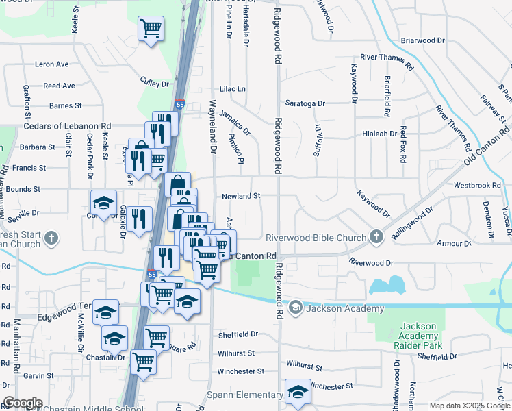 map of restaurants, bars, coffee shops, grocery stores, and more near 235 Pimlico Place in Jackson