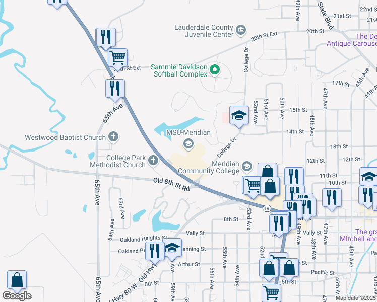 map of restaurants, bars, coffee shops, grocery stores, and more near 1000 Mississippi 19 in Meridian