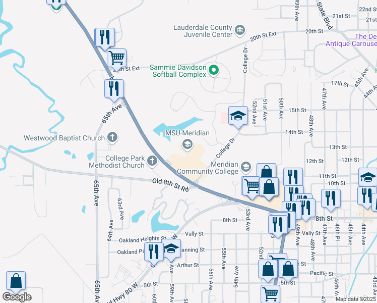 map of restaurants, bars, coffee shops, grocery stores, and more near 1000 Mississippi 19 in Meridian