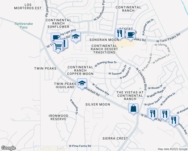 map of restaurants, bars, coffee shops, grocery stores, and more near 7760 West Summer Sky Drive in Tucson