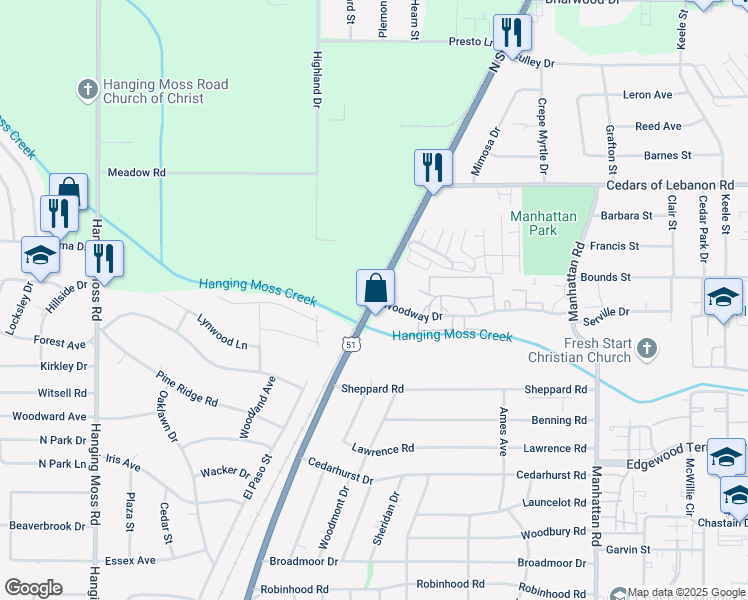 map of restaurants, bars, coffee shops, grocery stores, and more near N State St & Woodway Dr in Jackson