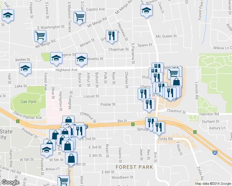 map of restaurants, bars, coffee shops, grocery stores, and more near 2404 Cherry Street in Montgomery