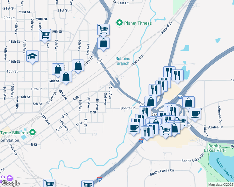 map of restaurants, bars, coffee shops, grocery stores, and more near 1176-1274 Highway 39 Bypass in Meridian