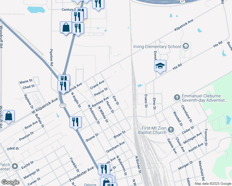 map of restaurants, bars, coffee shops, grocery stores, and more near 512 Erie Street in Cleburne