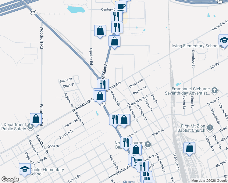map of restaurants, bars, coffee shops, grocery stores, and more near 406 West Kilpatrick Street in Cleburne