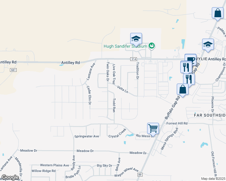 map of restaurants, bars, coffee shops, grocery stores, and more near 6417 Todd Run in Abilene