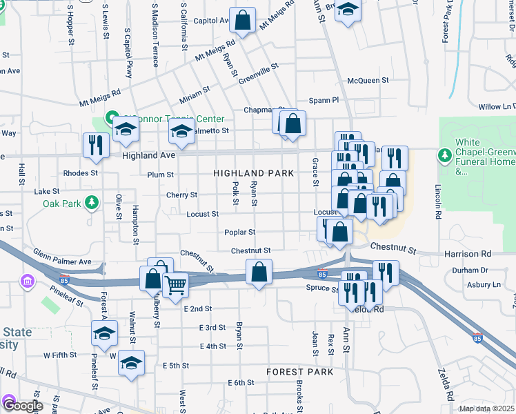 map of restaurants, bars, coffee shops, grocery stores, and more near 2404 Cherry Street in Montgomery