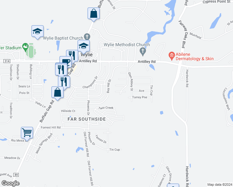 map of restaurants, bars, coffee shops, grocery stores, and more near 3557 La Jolla Beach in Abilene