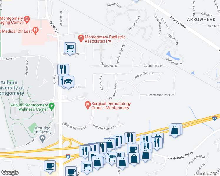 map of restaurants, bars, coffee shops, grocery stores, and more near 743 Ryefield Court in Montgomery