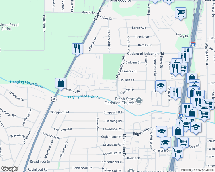 map of restaurants, bars, coffee shops, grocery stores, and more near 5255 Manhattan Road in Jackson