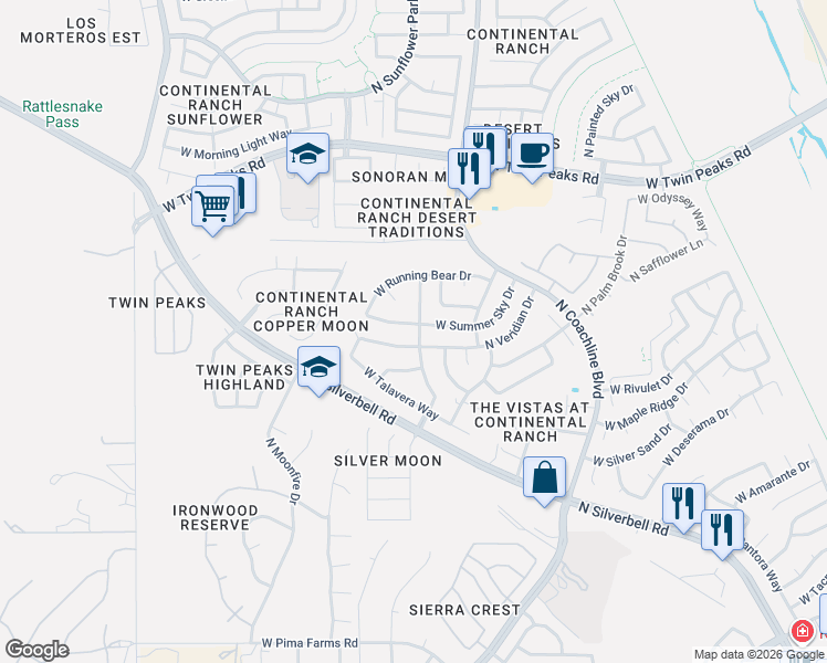 map of restaurants, bars, coffee shops, grocery stores, and more near 7695 West Summer Sky Drive in Tucson