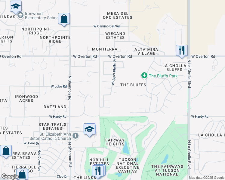 map of restaurants, bars, coffee shops, grocery stores, and more near 2626 West Desert Bluffs Court in Tucson
