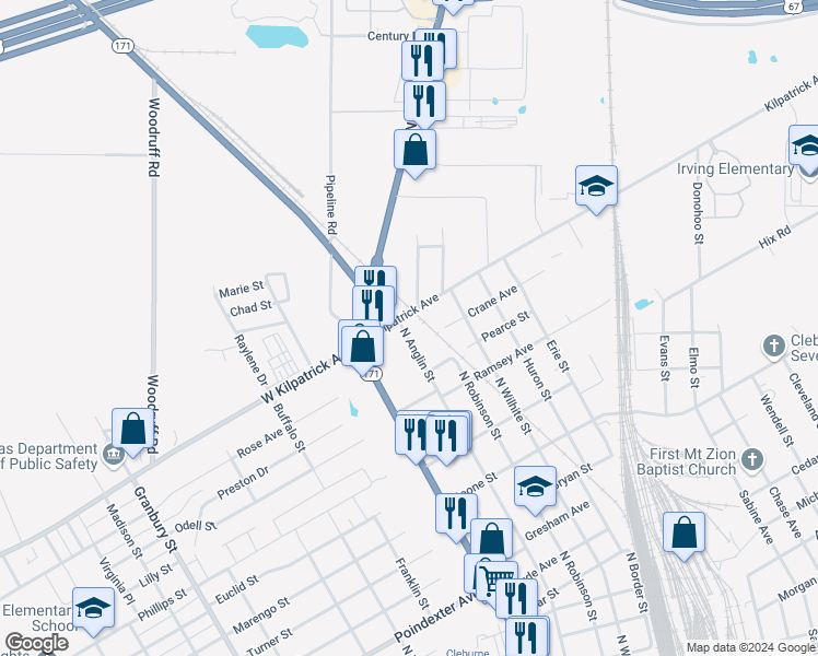 map of restaurants, bars, coffee shops, grocery stores, and more near 1612 North Anglin Street in Cleburne